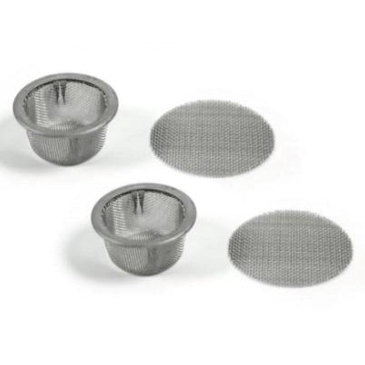 three stainless steel strainers on a white background