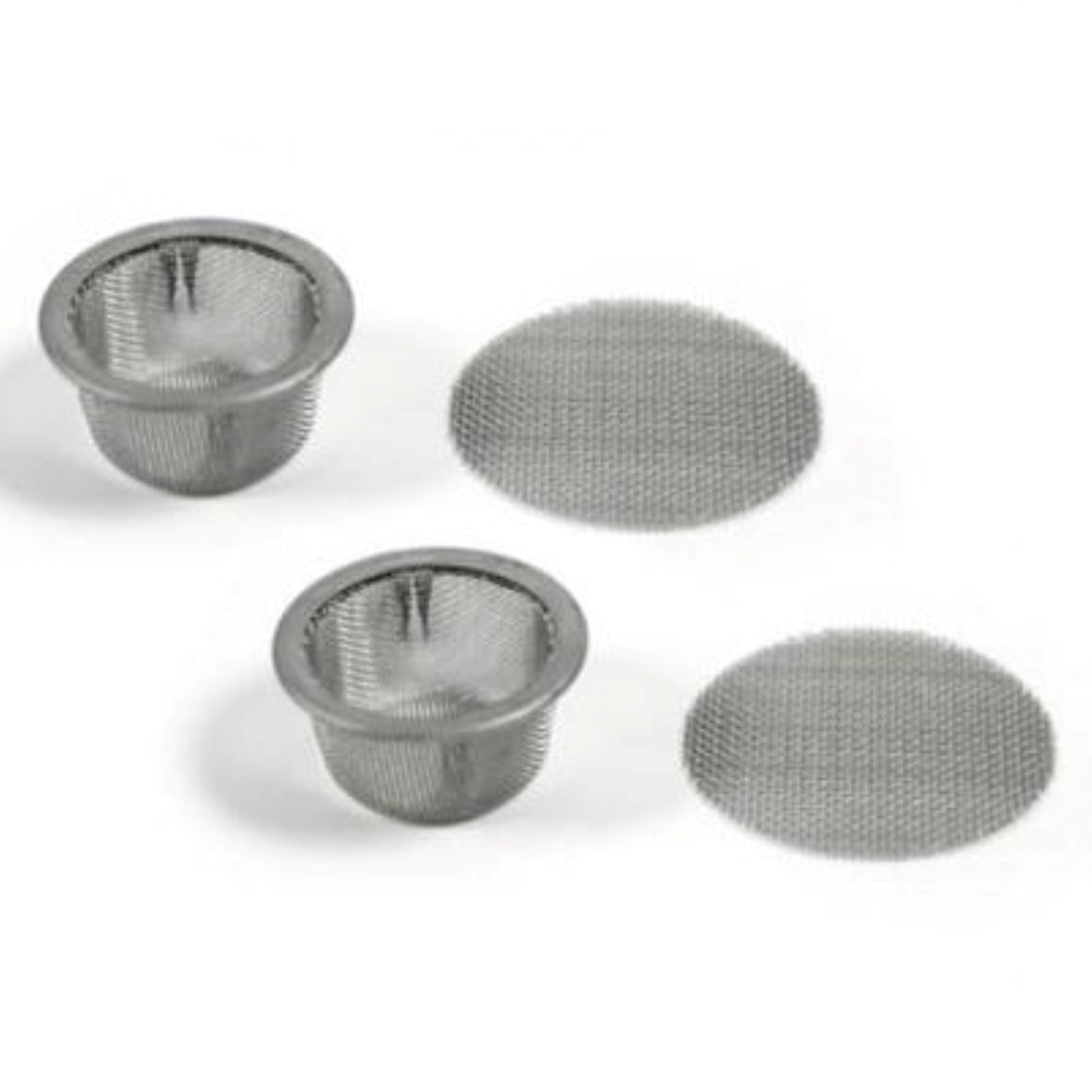 three stainless steel strainers on a white background