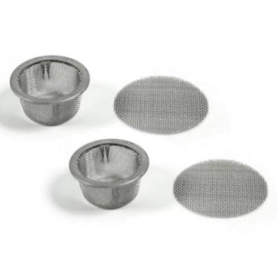 three stainless steel strainers on a white background