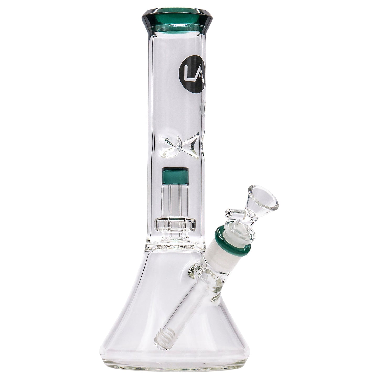 LA Pipes 11” Color Accented Showerhead Perc Beaker Bong by LA Pipes | Mission Dispensary
