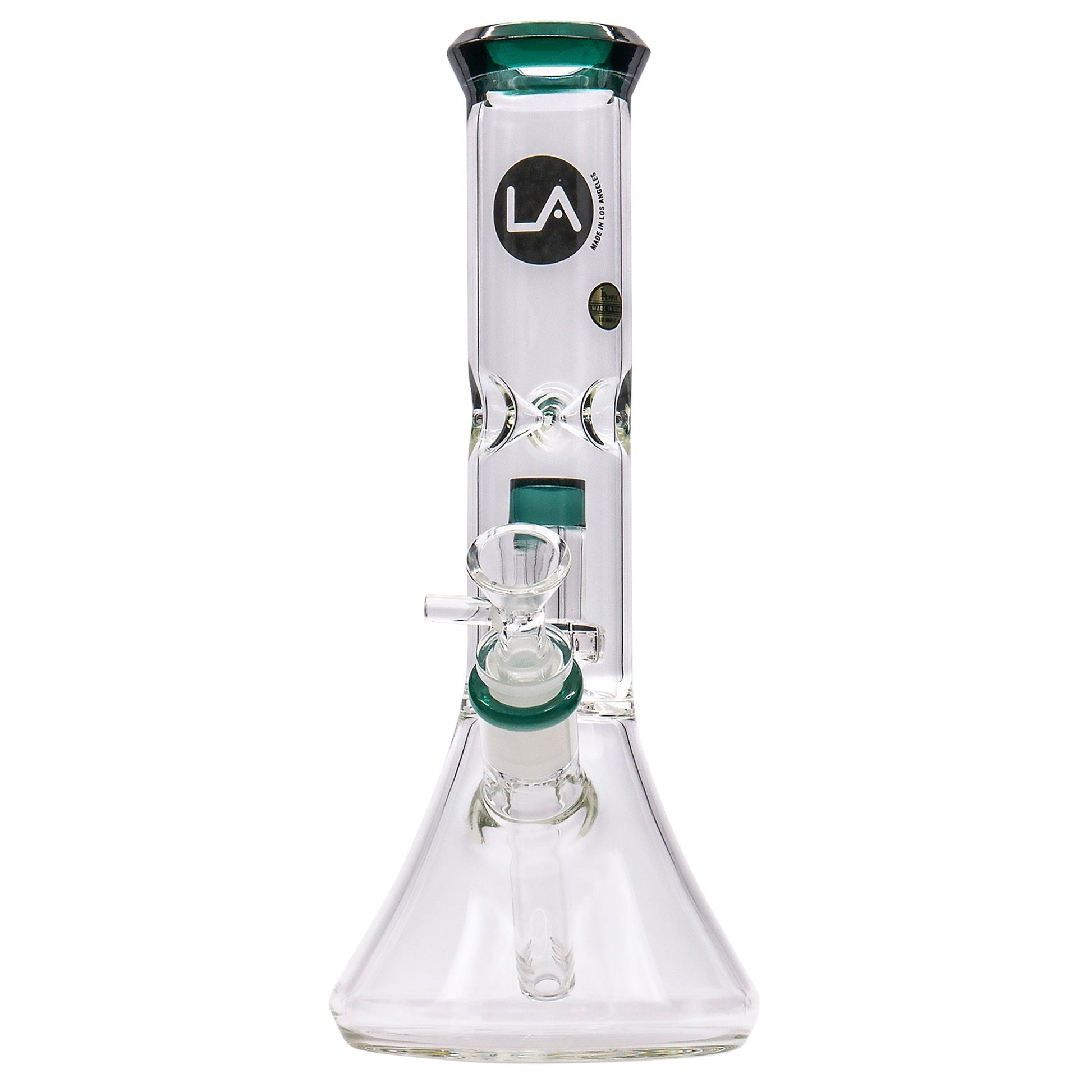 LA Pipes 11” Color Accented Showerhead Perc Beaker Bong by LA Pipes | Mission Dispensary