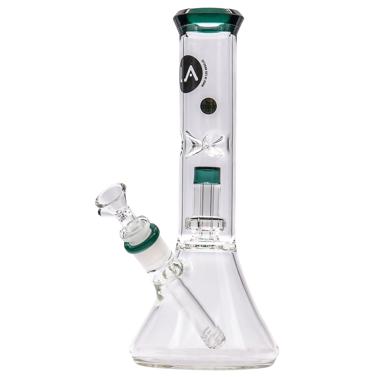 LA Pipes 11” Color Accented Showerhead Perc Beaker Bong by LA Pipes | Mission Dispensary