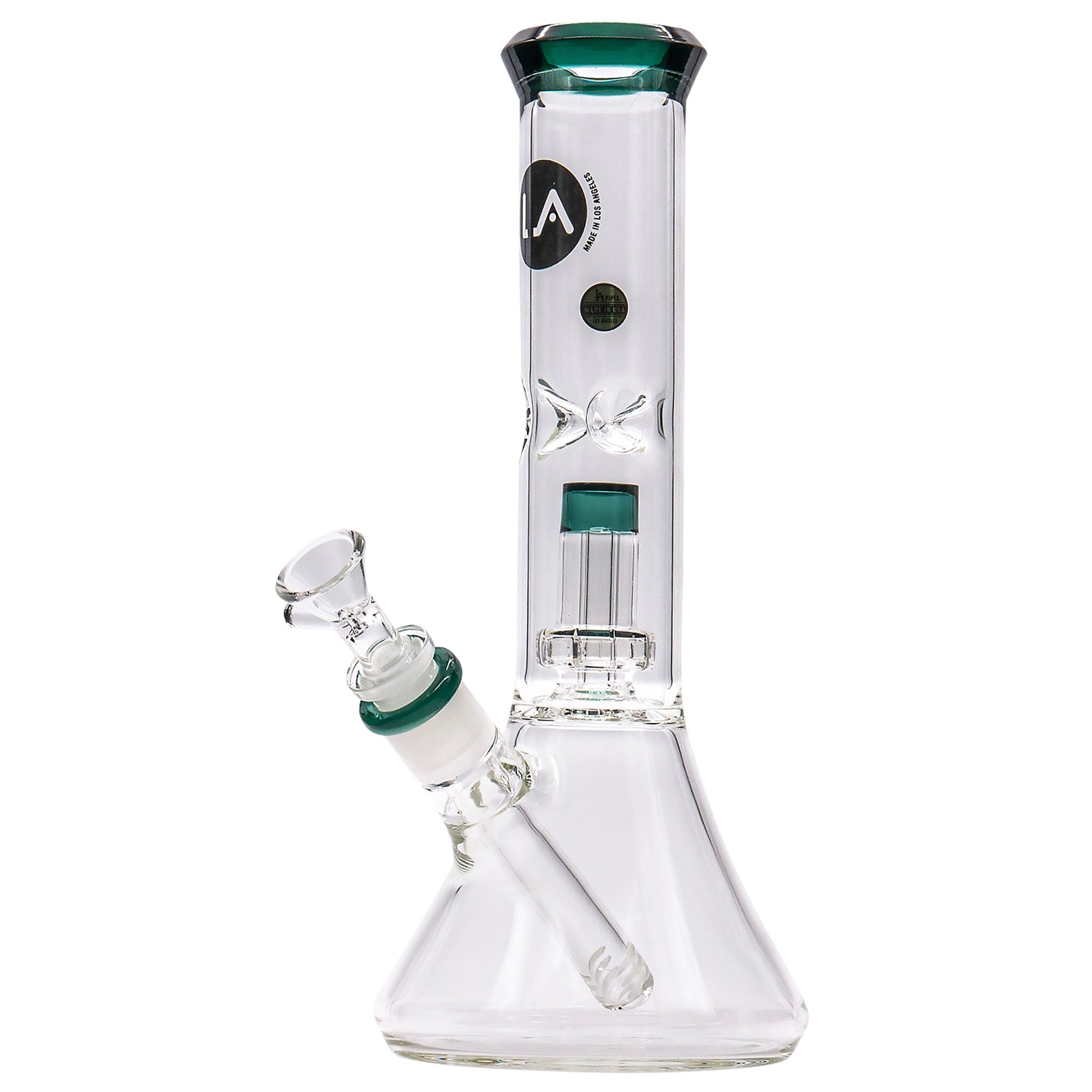 LA Pipes 11” Color Accented Showerhead Perc Beaker Bong by LA Pipes | Mission Dispensary