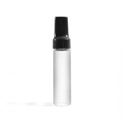 a small bottle with a black cap on a white background